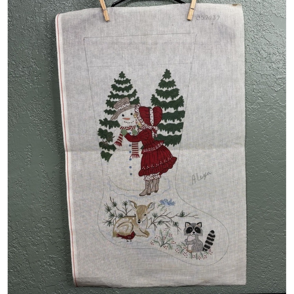 Alexa Hand Painted Needlepoint Christmas Stocking Girl Snowman Deer Raccoon 7039